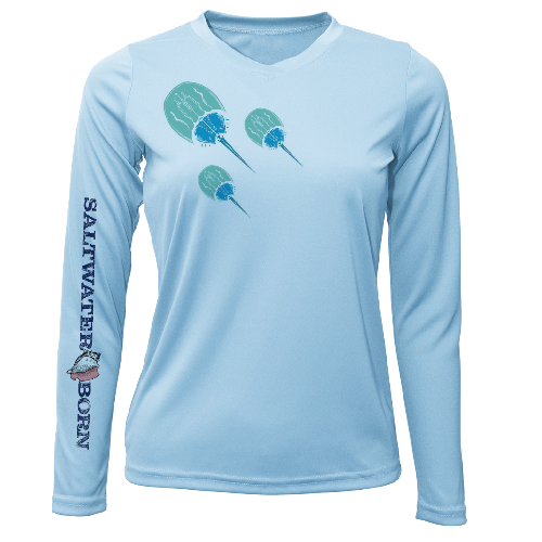 Light blue long-sleeve shirt with paddle design and 'Saltwater Born' text on a white background