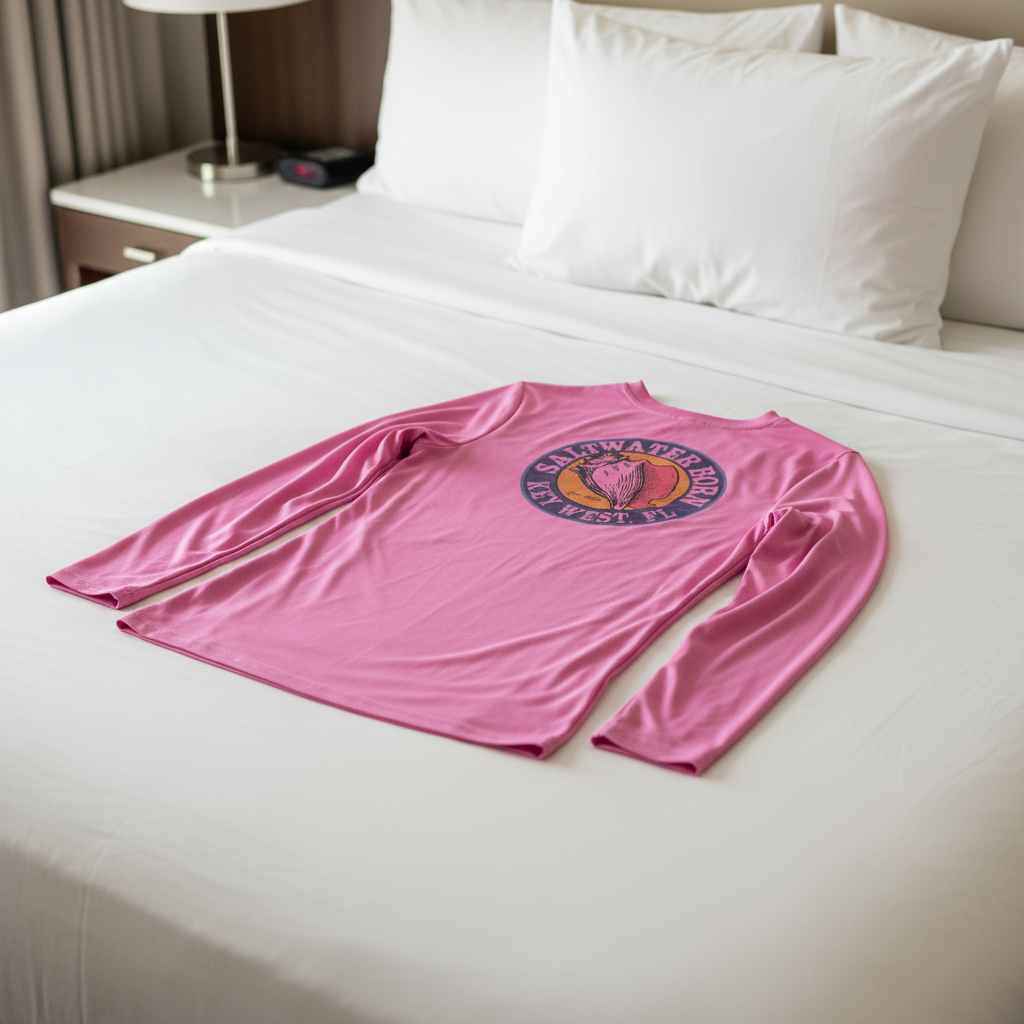 Pink long-sleeve shirt with 'Saltwater Born Key West, FL' logo on the back against a white background