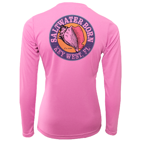 Pink long-sleeve shirt with 'Saltwater Born Key West, FL' logo on the back against a white background