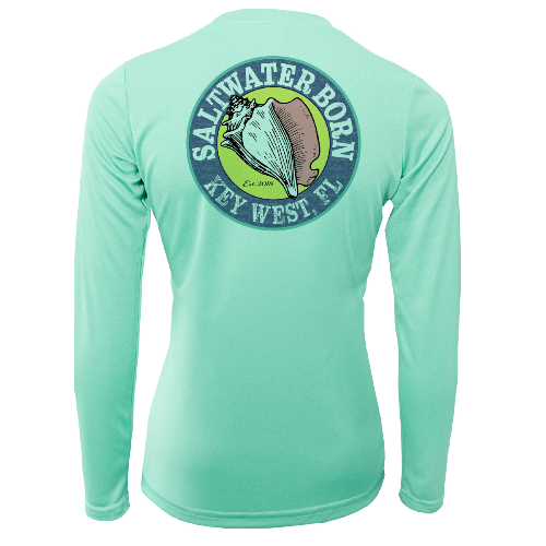 Mint green long-sleeve shirt with 'Saltwater Born Key West, FL' logo on a white background
