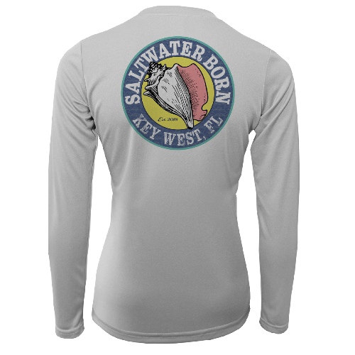 Gray long-sleeve shirt with a colorful 'Saltwater Born' logo on the back against a white background