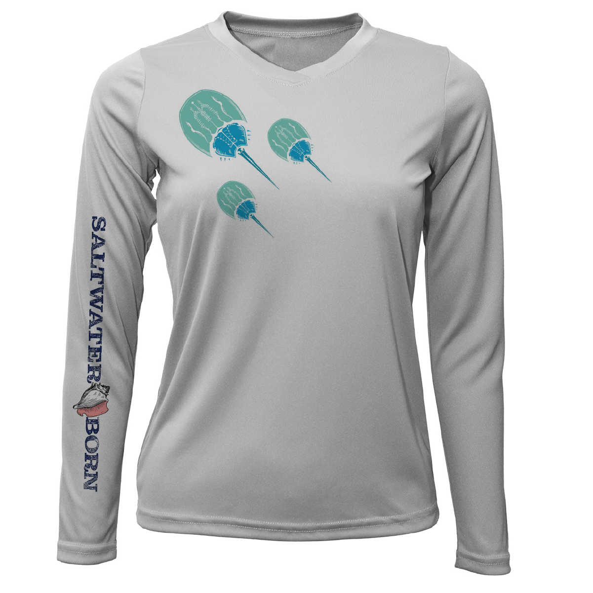 Gray long-sleeve shirt with paddle design and 'Saltwater Born' text on a white background