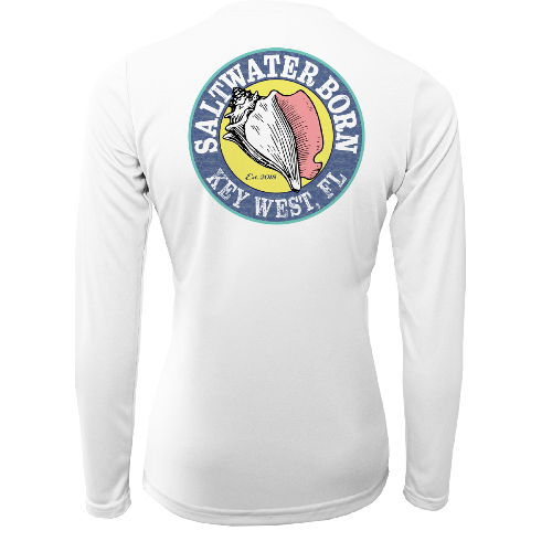 White long-sleeve shirt with 'Saltwater Born Key West, FL' logo on a white background