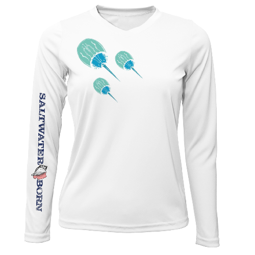 White long-sleeve shirt with paddle design and 'Saltwater Born' text on a white background