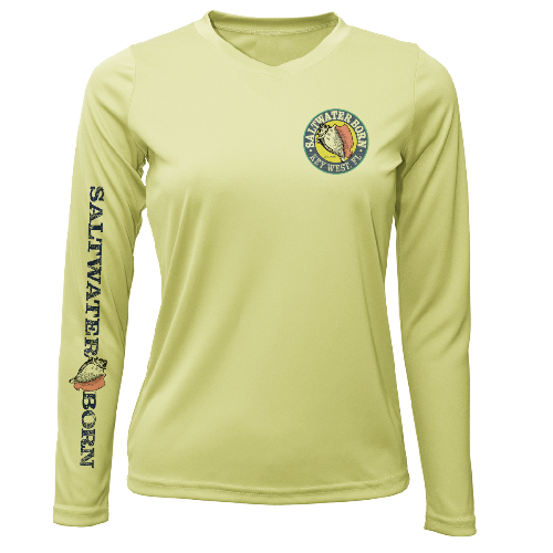 Light green long-sleeve shirt with 'Saltwater Born' logo and text on a white background