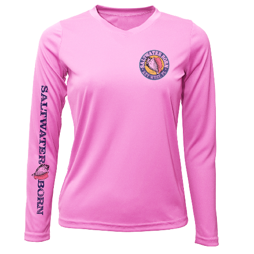 Pink long-sleeve shirt with 'Saltwater Born' branding on a white background