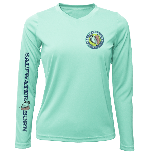 Mint green long-sleeve shirt with 'Saltwater Born' branding on a white background