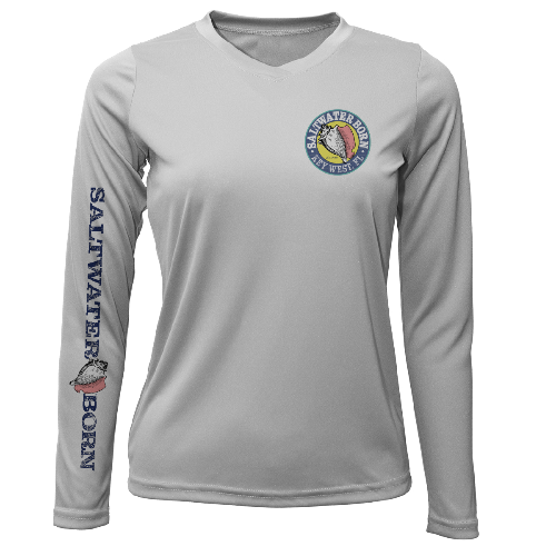 Gray long-sleeve shirt with 'Saltwater Born' logo and text on a white background