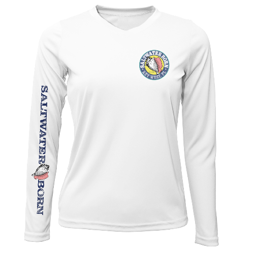 White long-sleeve shirt with 'Saltwater Born' logo and text on a white background