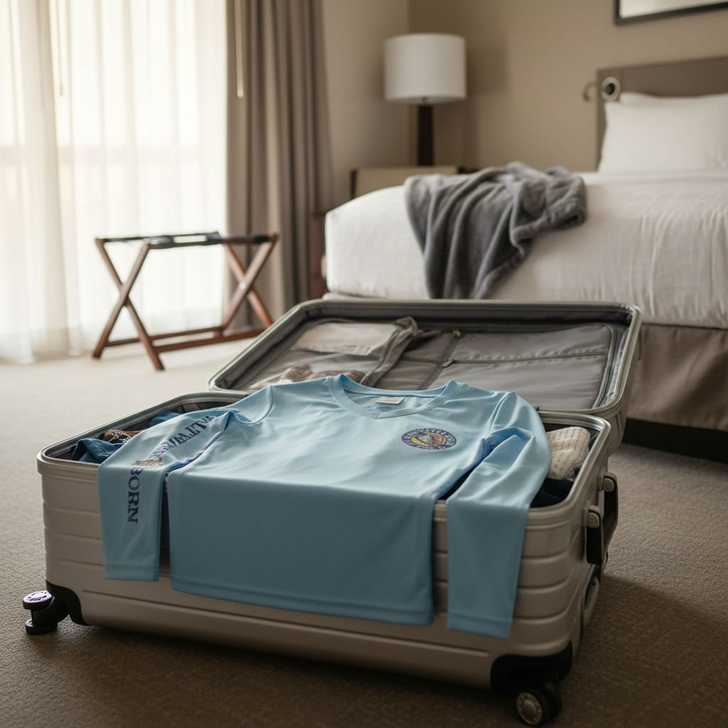 Light blue long-sleeve shirt with 'Saltwater Born' text and logo on a white background