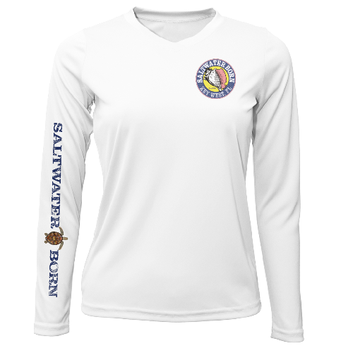 White long-sleeve shirt with 'Saltwater Born' branding on a white background