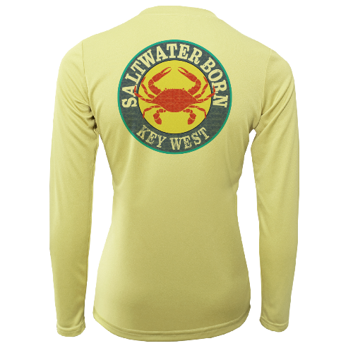 Yellow long-sleeve shirt with a crab graphic and 'Saltwater Born Key West' text on the back.