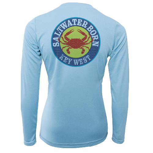Light blue long-sleeve shirt with a crab graphic and 'Saltwater Born Key West' text on the back.