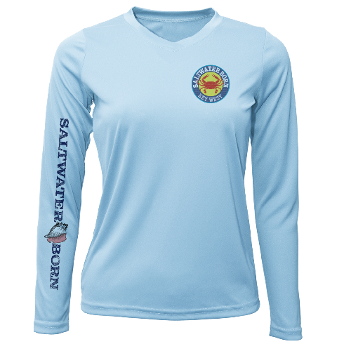 Light blue long-sleeve shirt with a logo and text on a white background