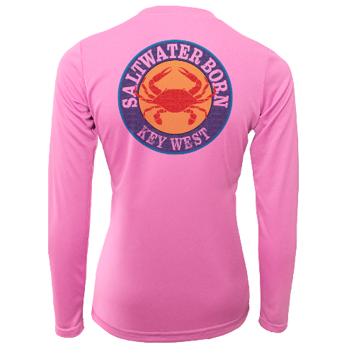 Pink long-sleeve shirt with a crab graphic and text on the back, on a white background.