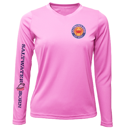 Pink long-sleeve shirt with 'Saltwater Born' logo and text on a white background