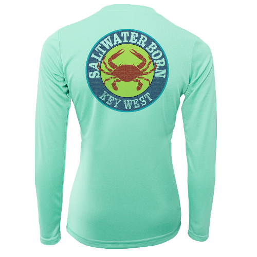 Mint green long-sleeve shirt with a crab graphic and text on the back, on a white background.