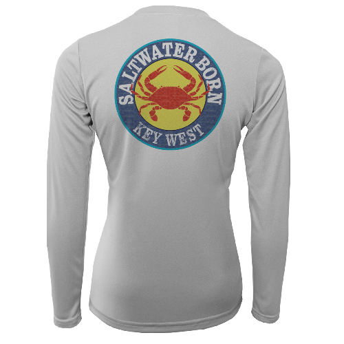 Gray long-sleeve shirt with a colorful 'Saltwater Born Key West' graphic on the back.