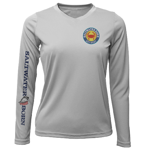 Gray long-sleeve shirt with logo and text on a white background
