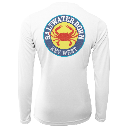 White long-sleeve shirt with a colorful crab graphic and 'Saltwater Born Key West' text on a white background