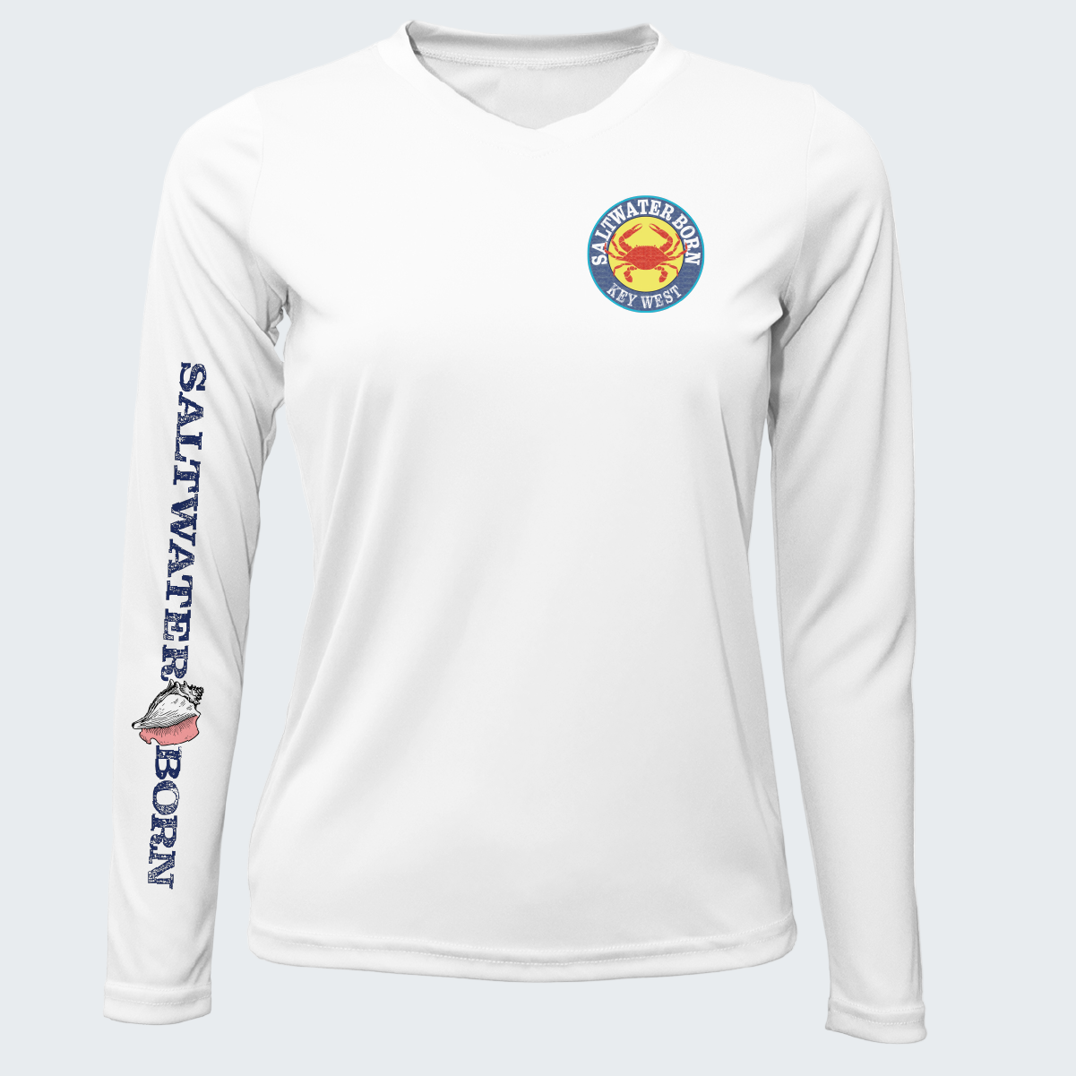 White long-sleeve shirt with 'Saltwater Born' branding on a white background