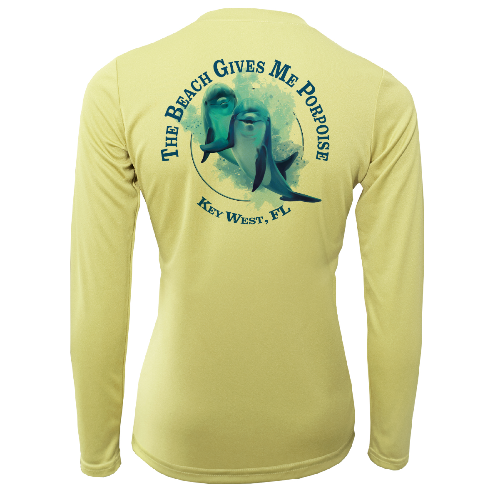 Yellow long-sleeve shirt with a dolphin graphic and text on a white background
