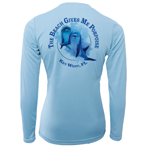 Light blue long-sleeve shirt with dolphin graphic and text on a white background
