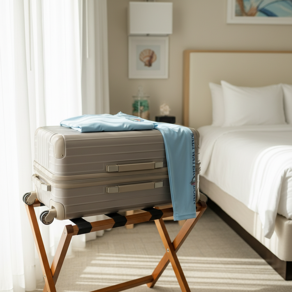 Light blue long-sleeve shirt with 'Saltwater Born' branding on a white background