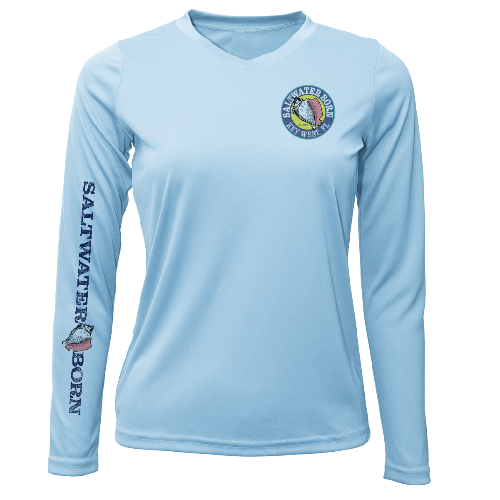 Light blue long-sleeve shirt with 'Saltwater Born' branding on a white background