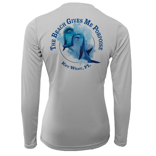 Gray long-sleeve shirt with a dolphin graphic and text on the back, on a white background.