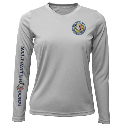 Gray long-sleeve shirt with 'Saltwater Born' logo and text on a white background