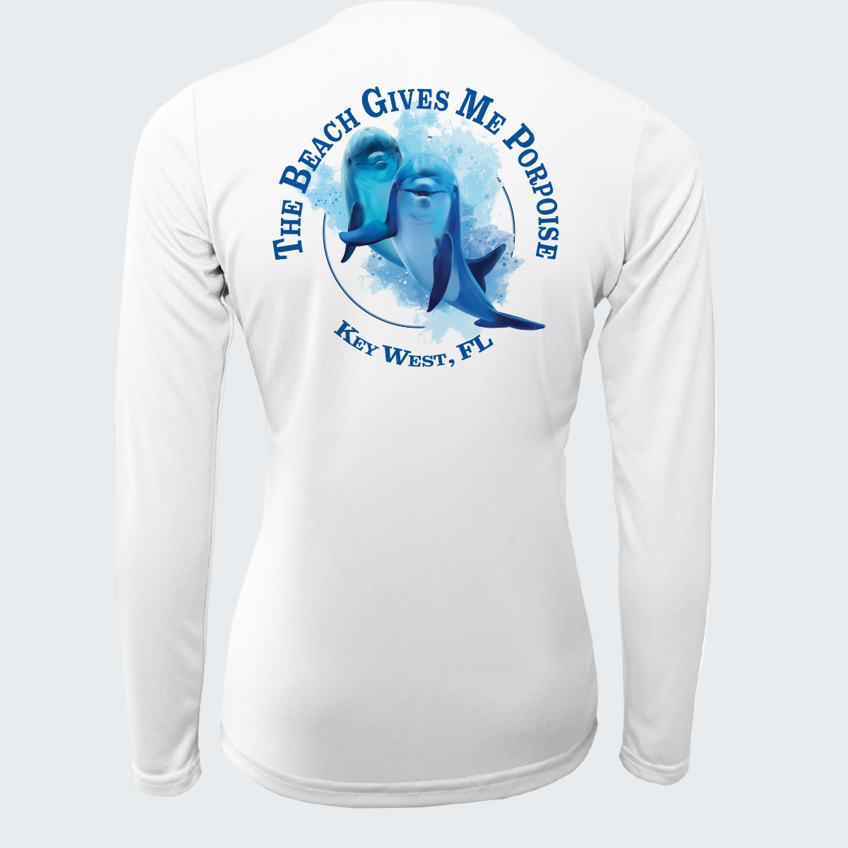 White long-sleeve shirt with dolphin graphic and text on a white background