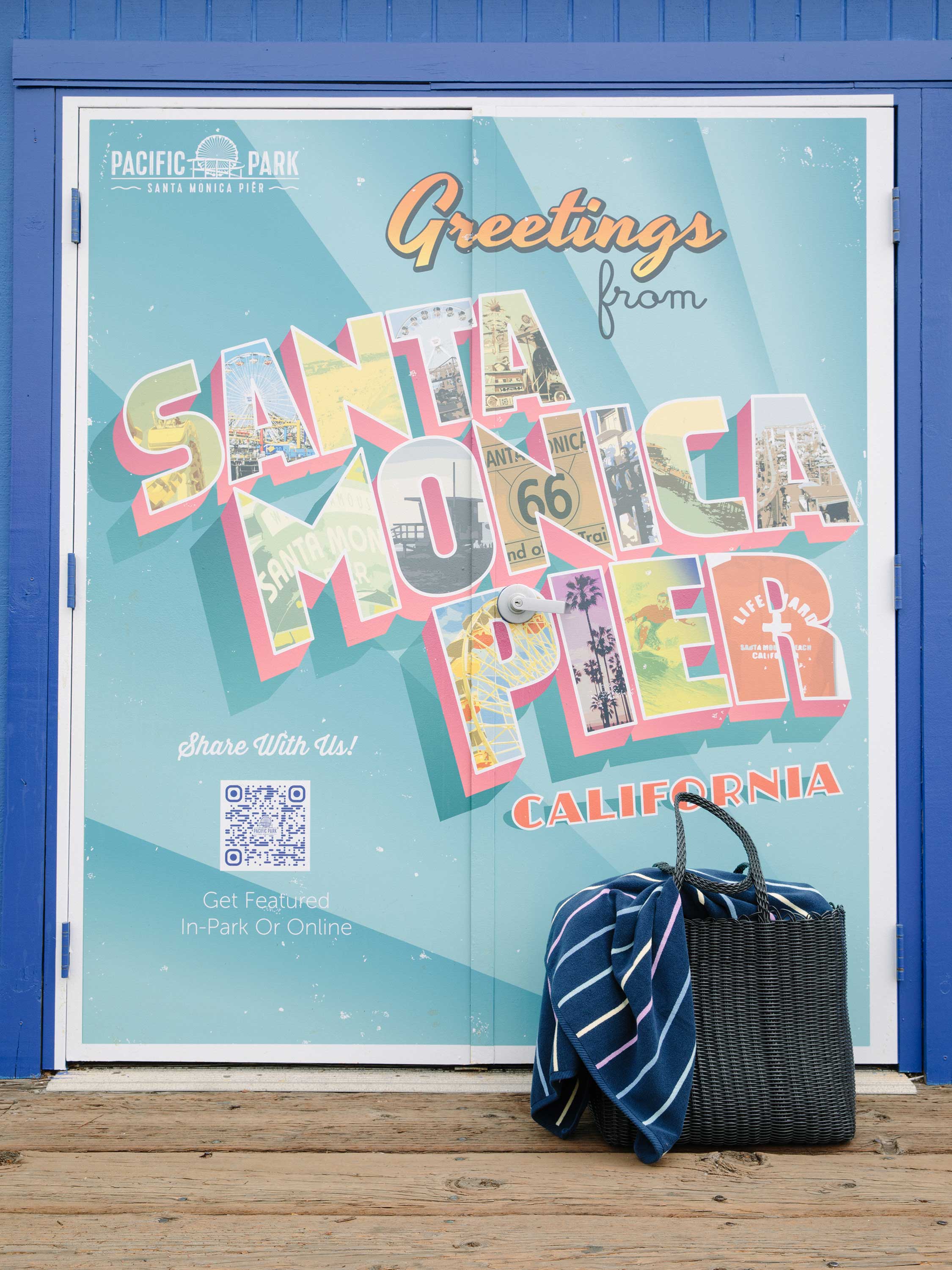 Advertisement for Santa Monica Pier with a blue background and text.
