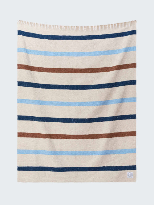 Striped towel with blue, brown, and beige stripes on a white background