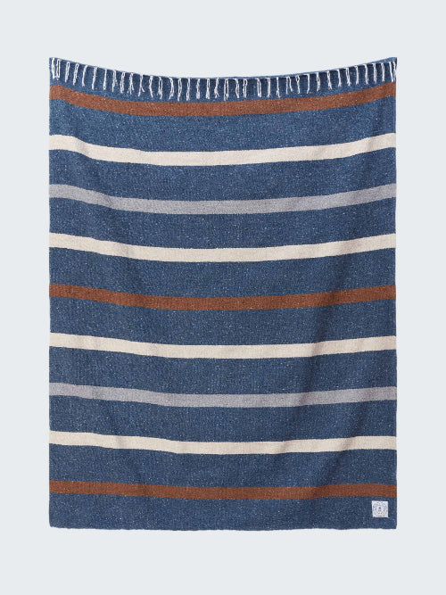 Striped blanket with blue, brown, and white colors on a white background