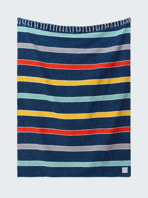 Striped towel with blue, red, yellow, and gray stripes on a white background