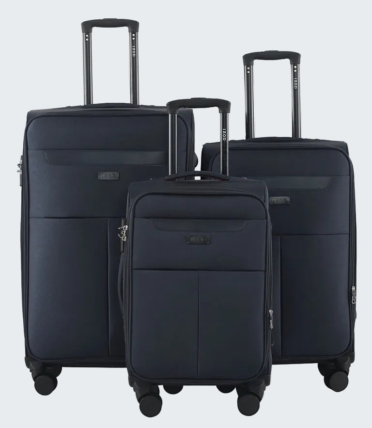 Three black suitcases of different sizes on a white background