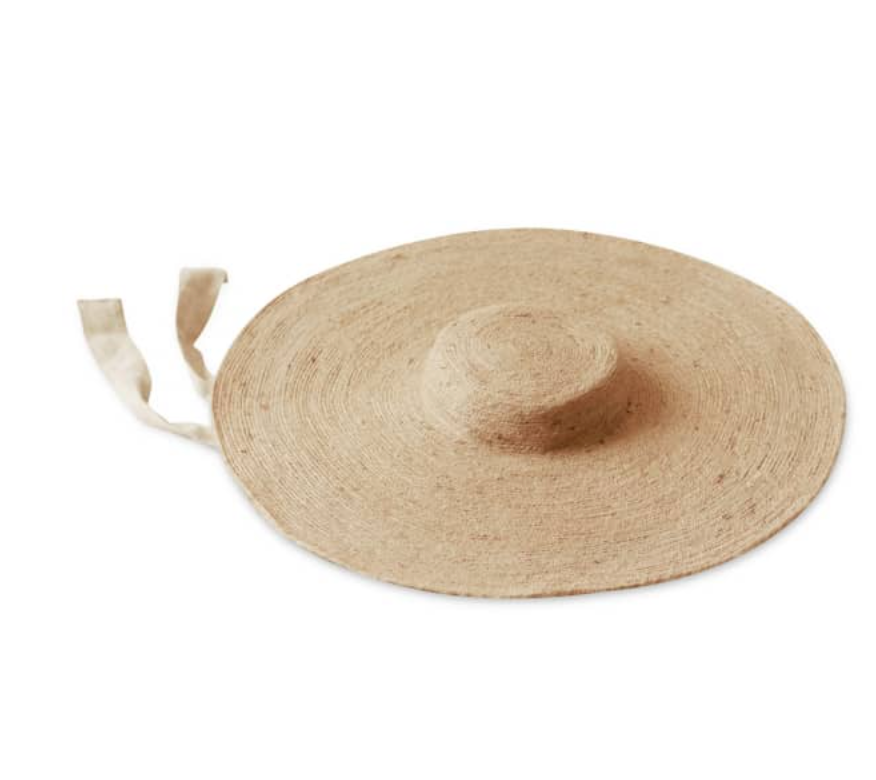 Beige straw hat with a wide brim on a white background