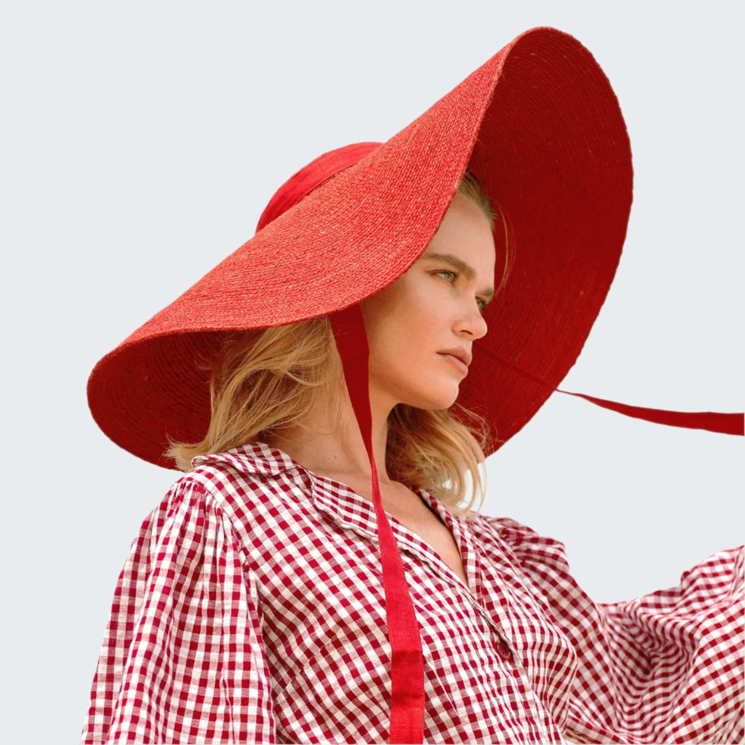 Woman wearing a red sun hat and red checkered dress against a light blue sky.