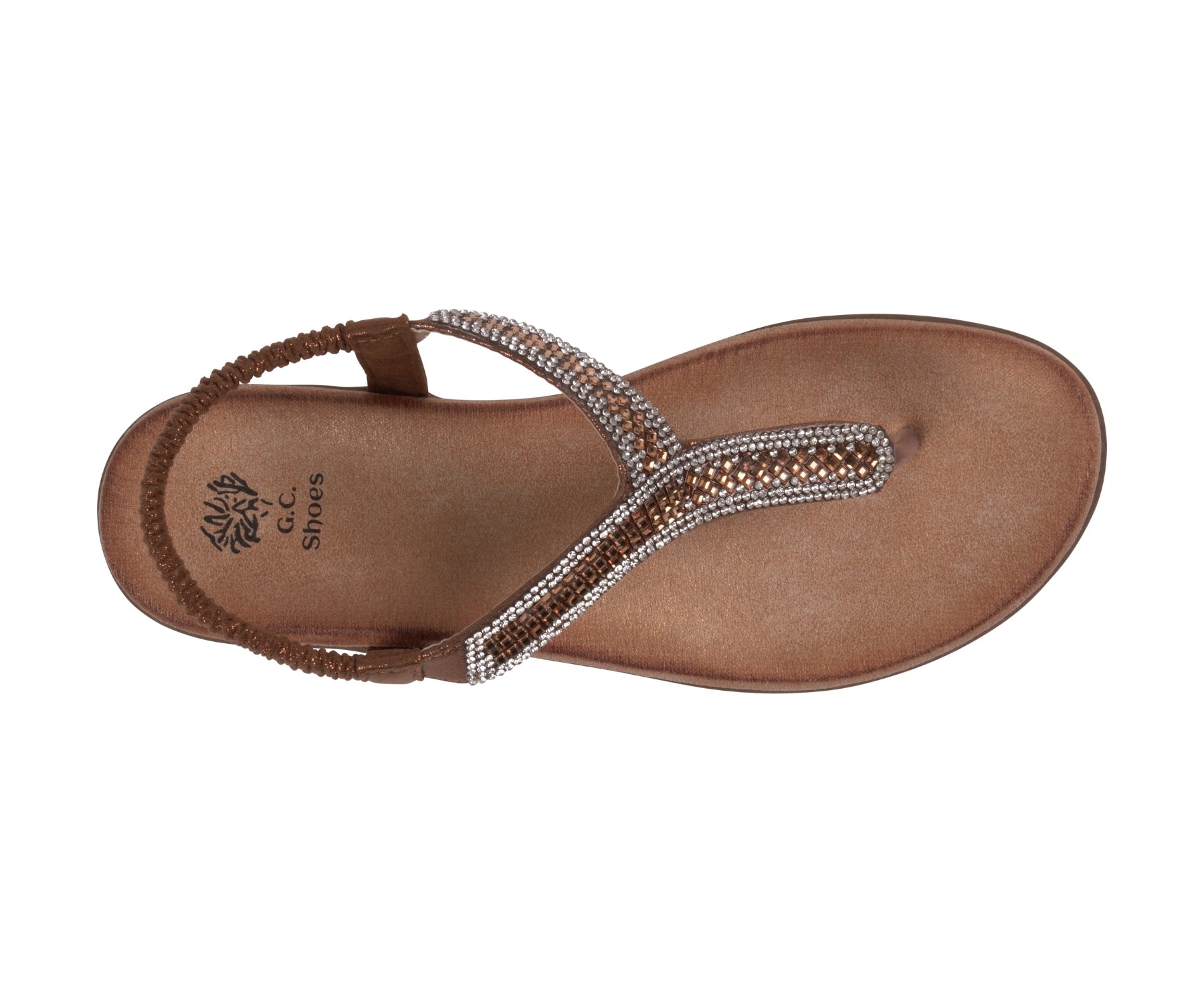Brown sandal with rhinestone strap on a white background
