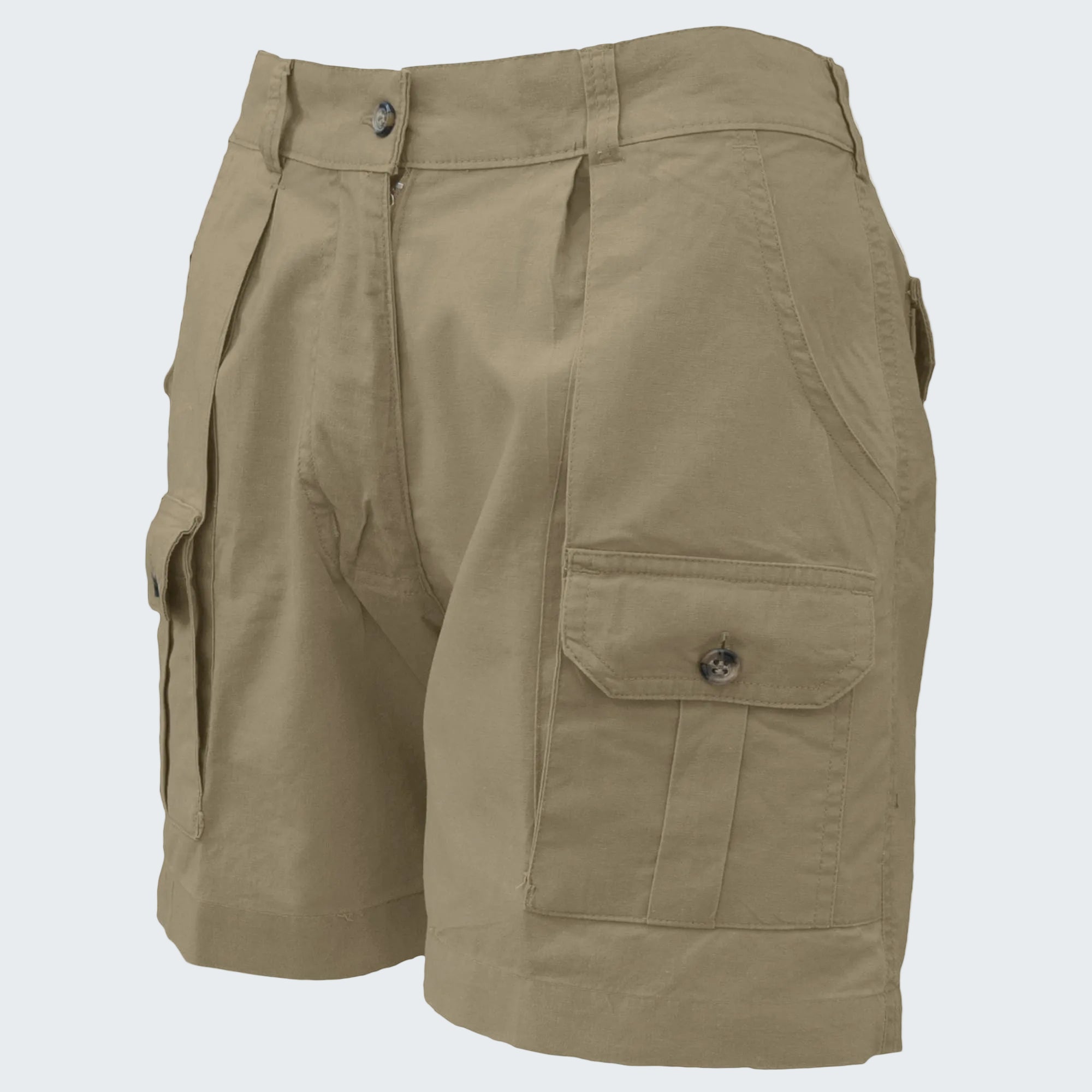 Khaki shorts with multiple pockets on a white background