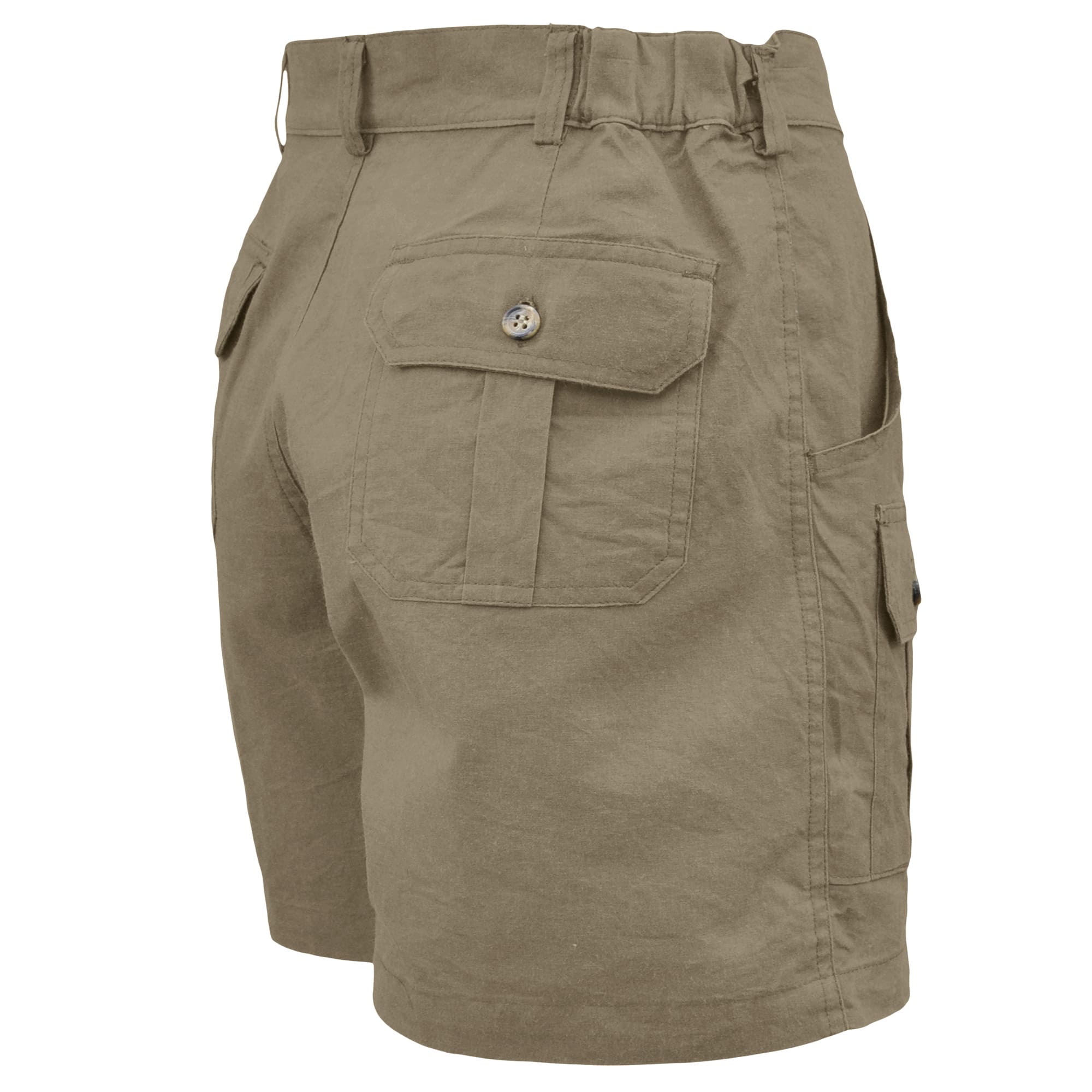 Khaki shorts with multiple pockets on a white background