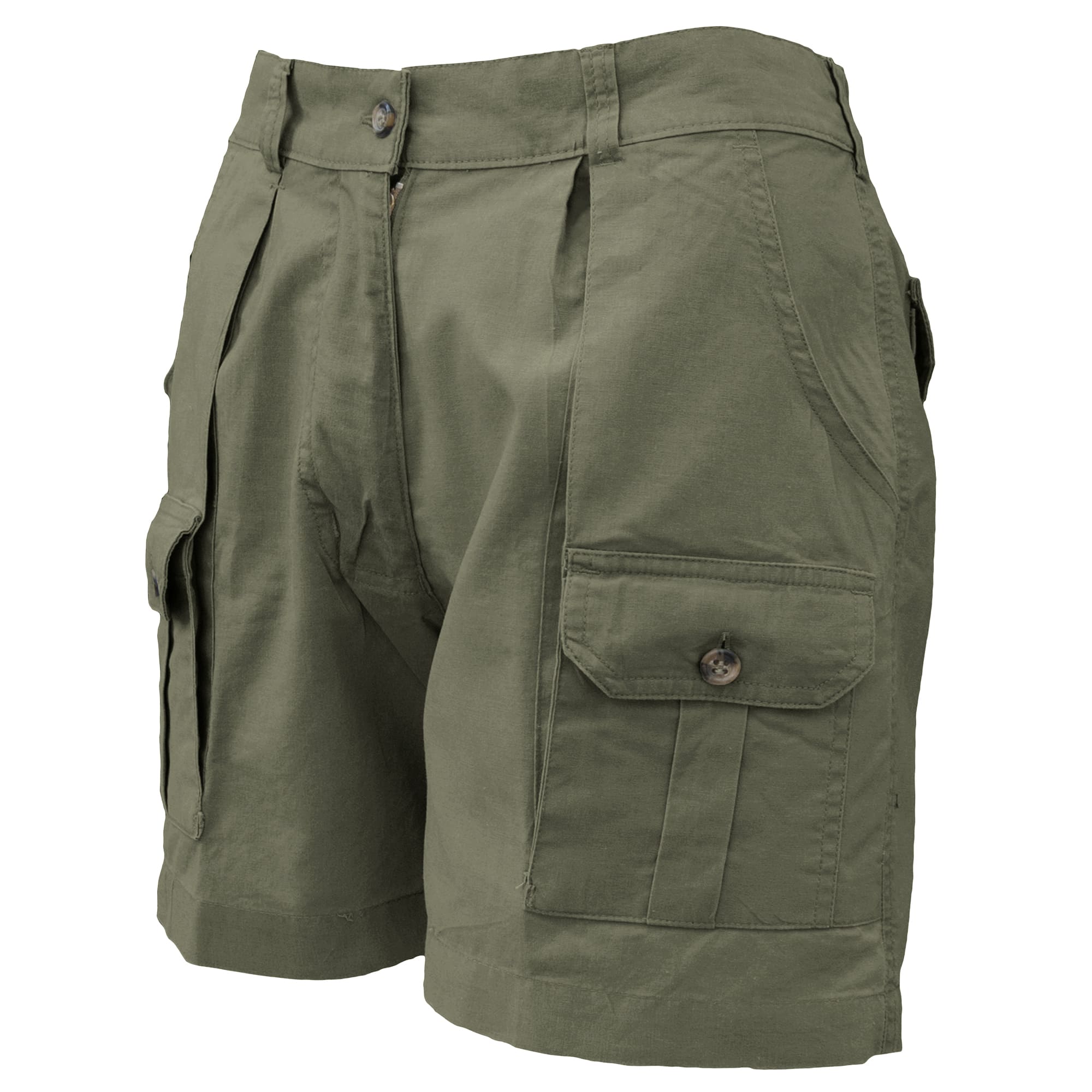 Green shorts with multiple pockets on a white background