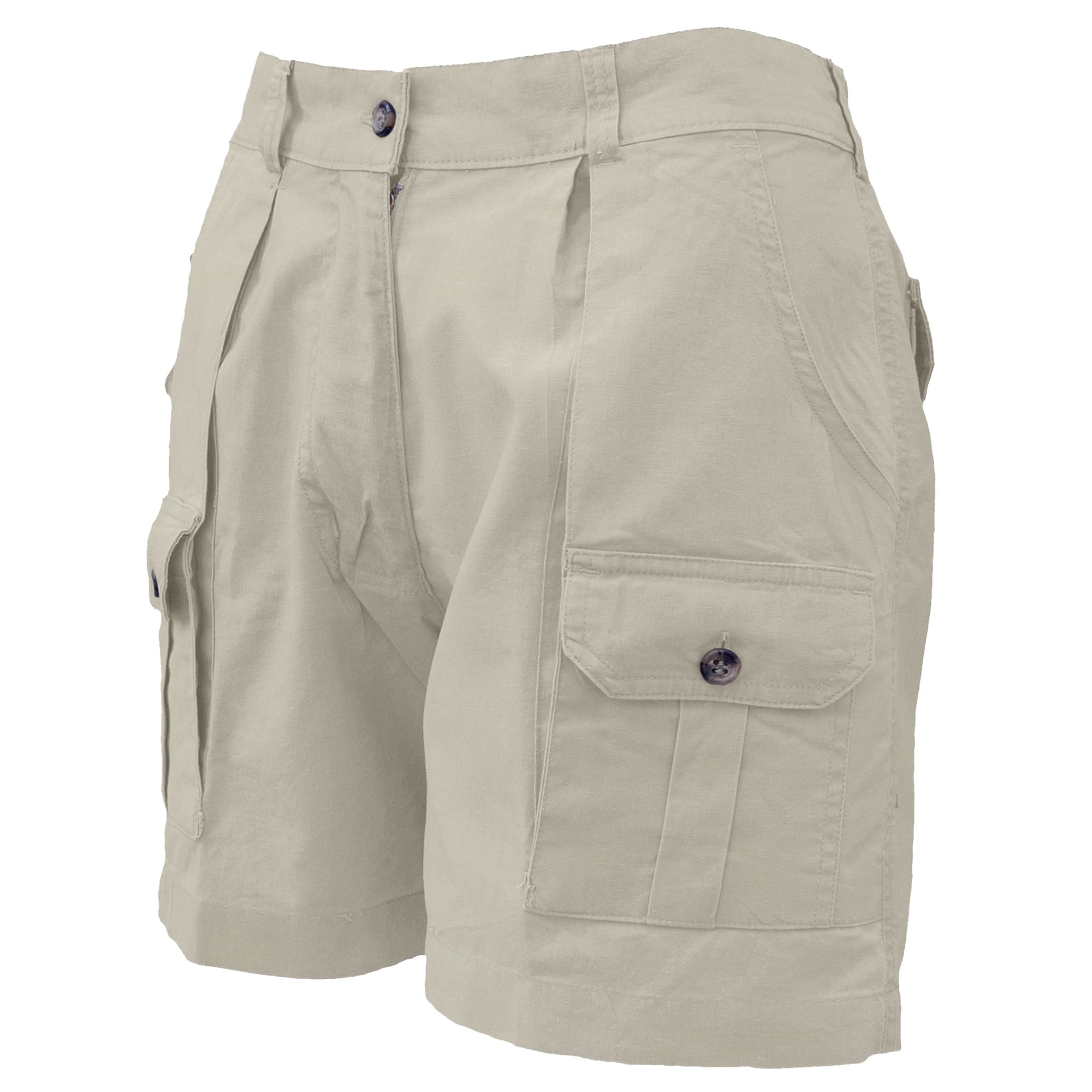 Beige shorts with multiple pockets on a white background