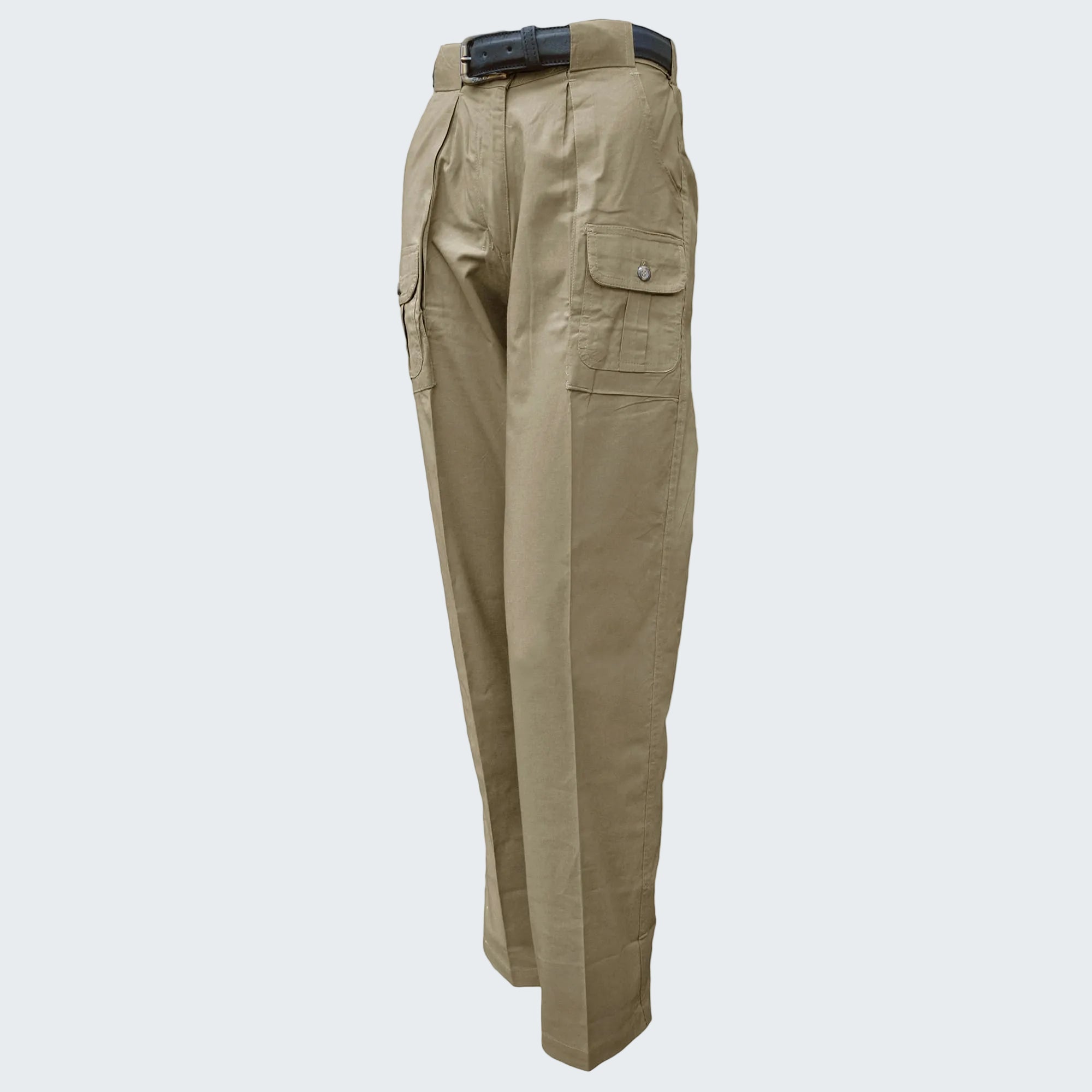 Khaki pants with multiple pockets on a white background