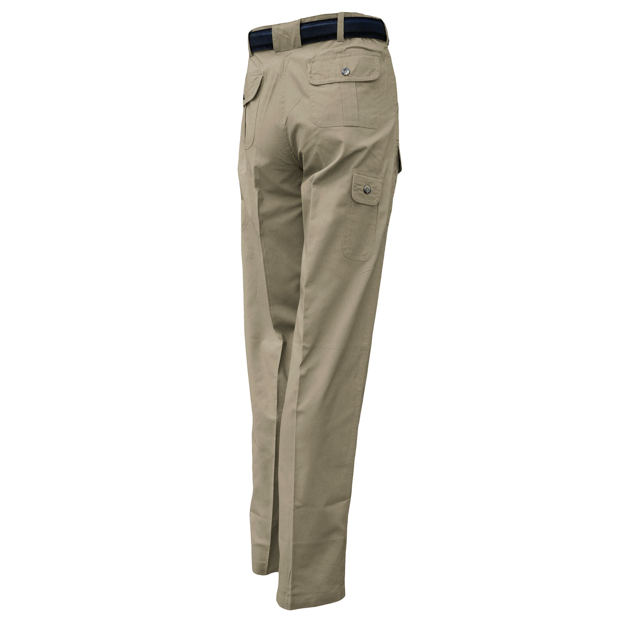 Khaki pants with a belt on a white background
