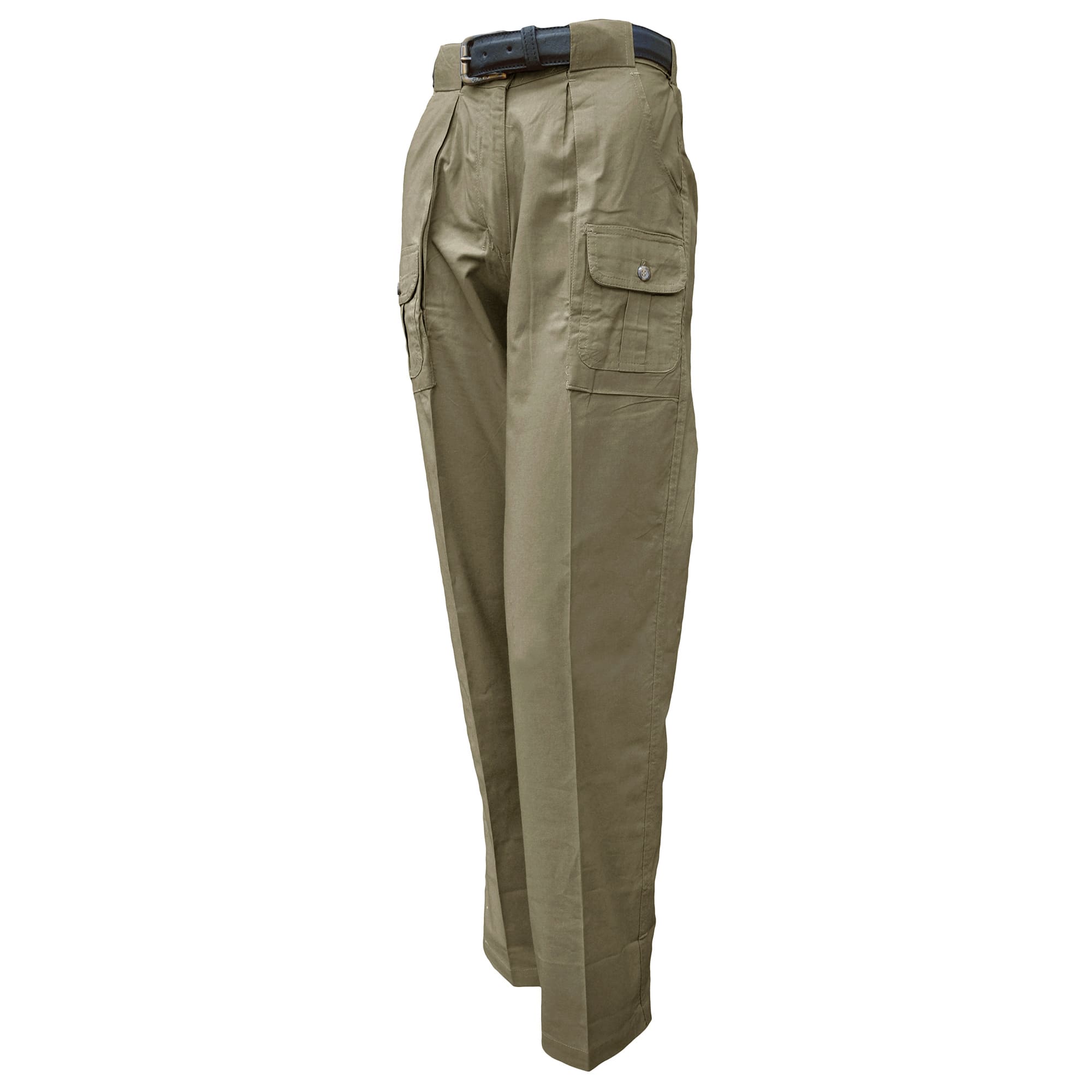 Khaki pants with multiple pockets on a white background