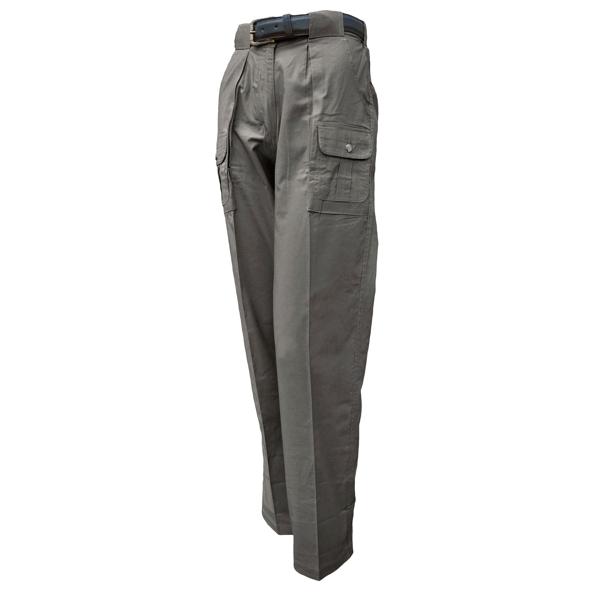 Khaki pants with multiple pockets on a white background