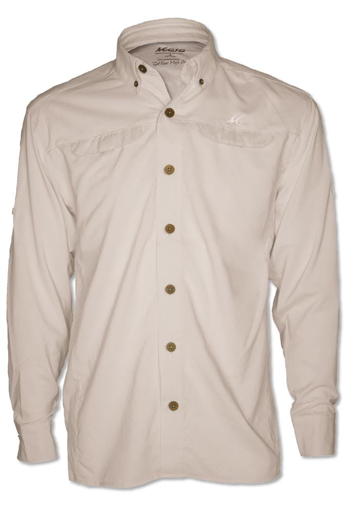 Beige button-up shirt with brown buttons on a white background