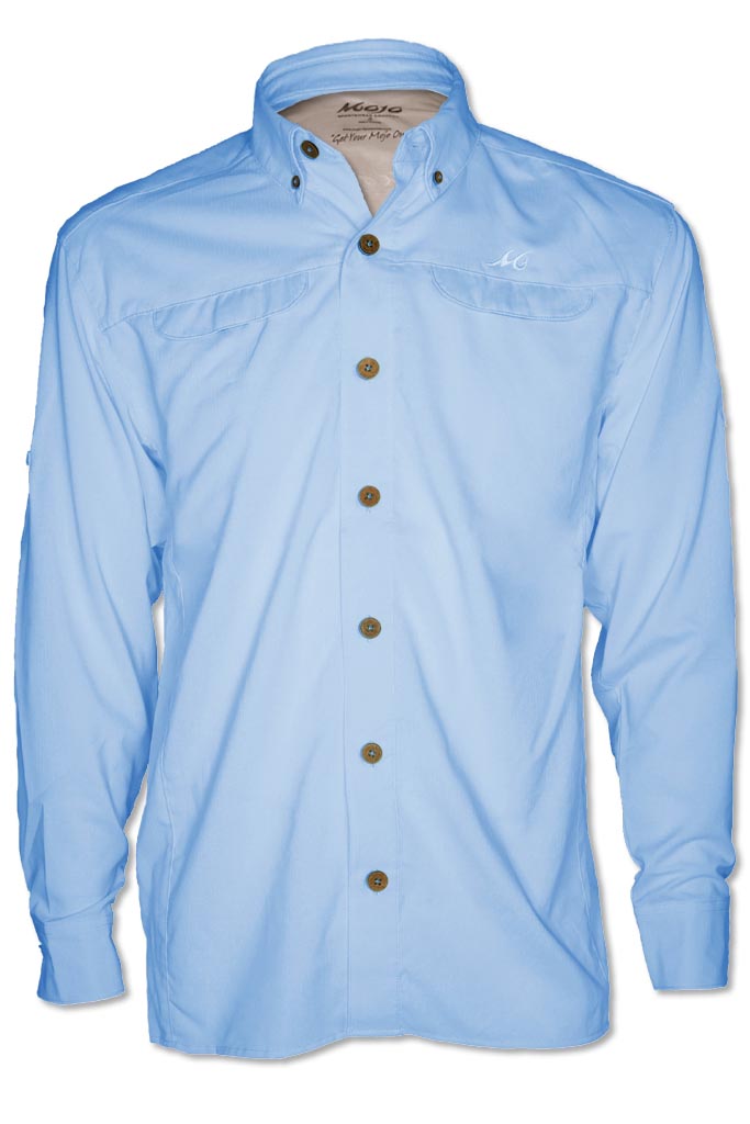 Light blue shirt with brown buttons on a white background